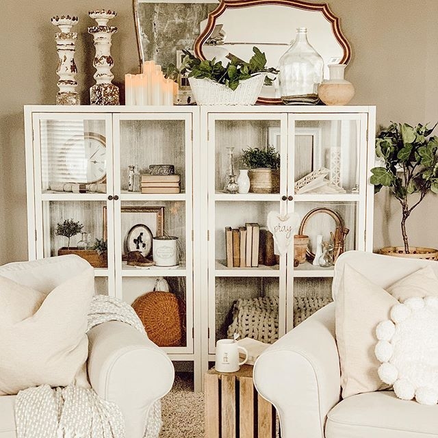 Vintage-Inspired Paired Display Cabinets with Glass Panes & Neutral Decor