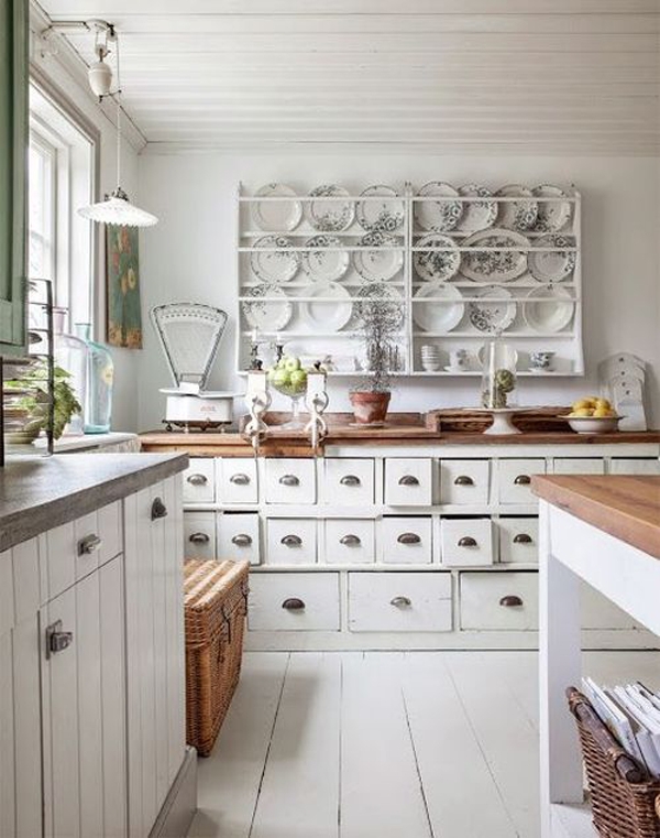 Vintage Kitchen with Apothecary Style Storage & Open Plate Rack Display