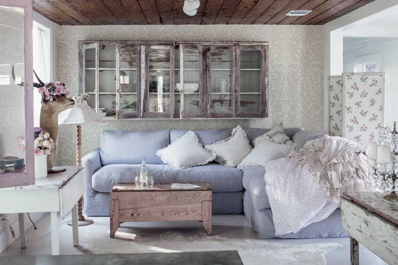 Vintage Living Room with Distressed Wall Cabinet & Ruffled Textiles