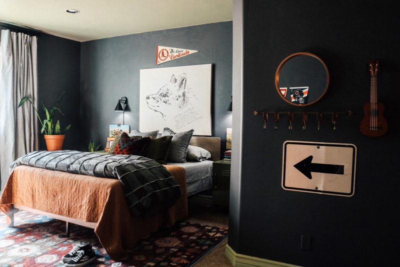 Vintage Modern Teen Bedroom with Charcoal Walls and Fox Print