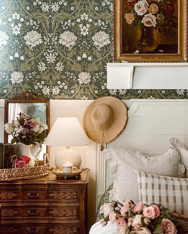 Vintage Ornate Wood Chest of Drawers with Floral Wallpaper