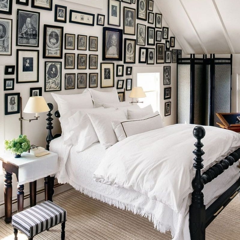 Vintage Portrait Gallery Wall Decor in Attic Bedroom with Spindle Bed