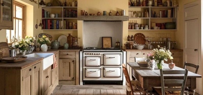 Vintage Range Stove Styling In Warm Wood Kitchen Cabinets