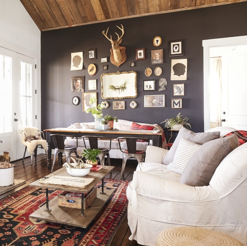 Vintage Silhouette Gallery Wall Layout on Dark Charcoal Accent Wall