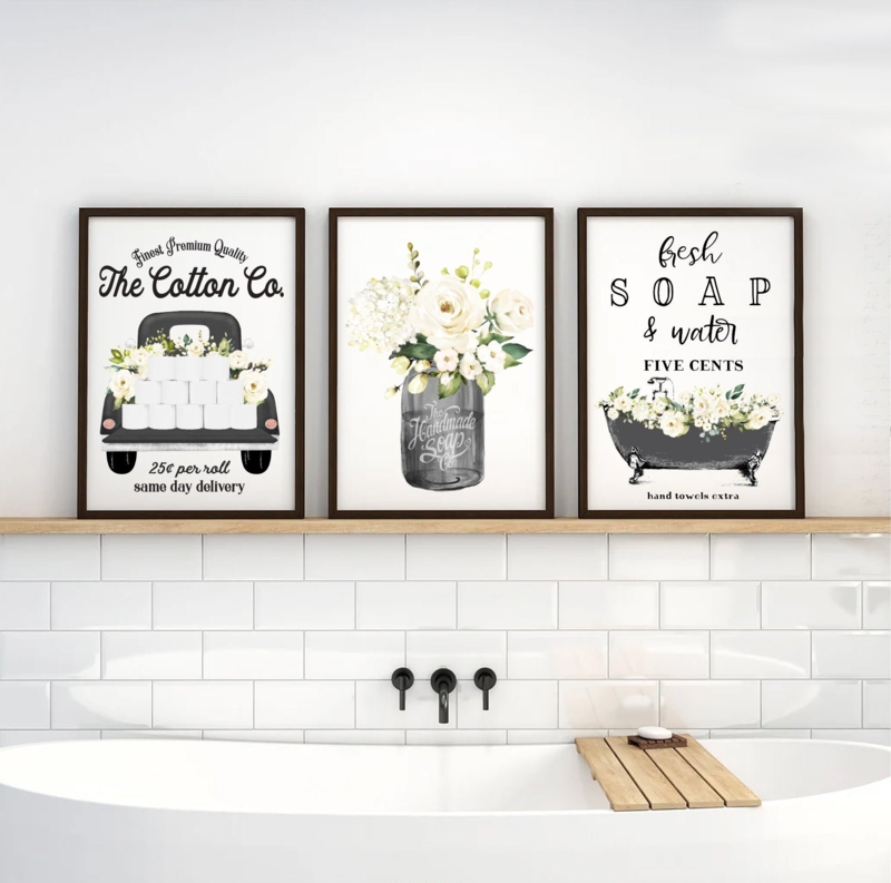 Vintage Typography Triptych Wall Art Set, Black and White Decor