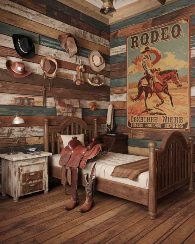 Vintage Western Bedroom Design featuring Multi Colored Wood Walls