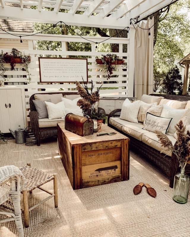 Vintage Wood Crate Coffee Table & Cozy White Pergola Patio
