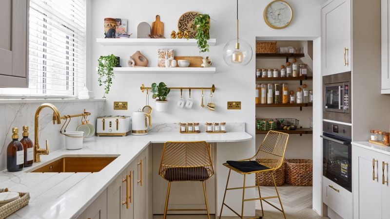 Walk-In Pantry with Gold Hardware and Marble Veined Countertop