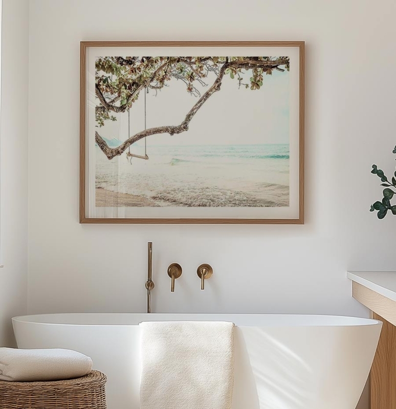 Wall Art: Beach Landscape Art, Brushed Gold Fixtures, Spa Like Aesthetic