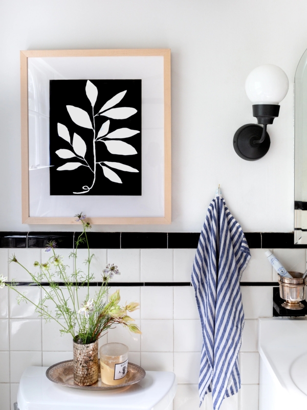 Wall Art: Bold Botanical Print, Black And White Tile Contrast, Small Space