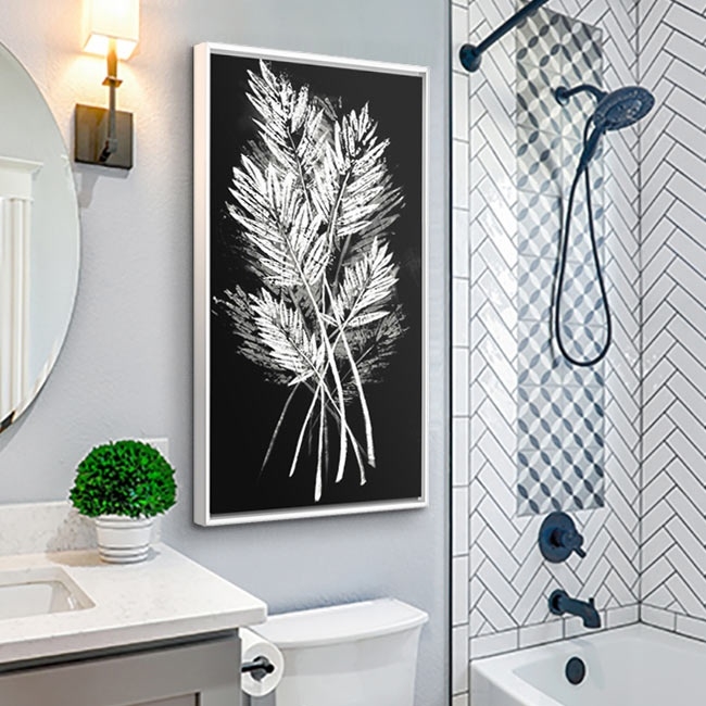 Wall Art: Botanical Print, Mixed Tile Surfaces, Monochrome Bathroom