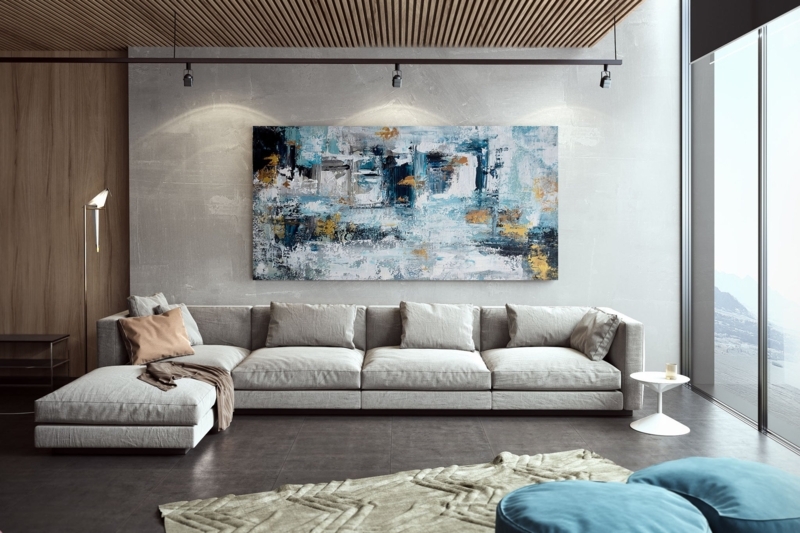 Wall Art Extra Large Abstract Painting, Blue and Gold, Wood Slat Ceiling