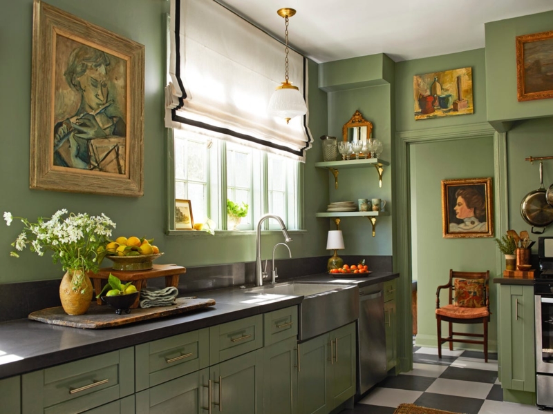 Wall Art Gallery in Moody Sage Green Kitchen with Checkered Tile Floor