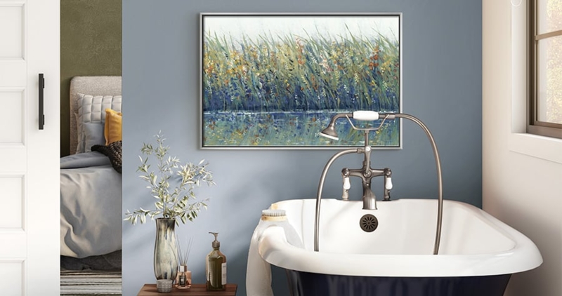 Wall Art: Horizontal Landscape Art, Dusty Blue Wall, Telephone Faucet