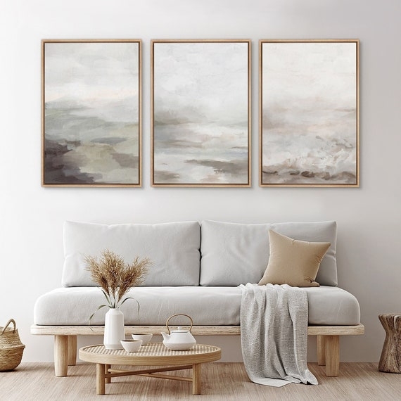 Wall Art Neutral Abstract Landscape Prints Set with Thin Wood Frames