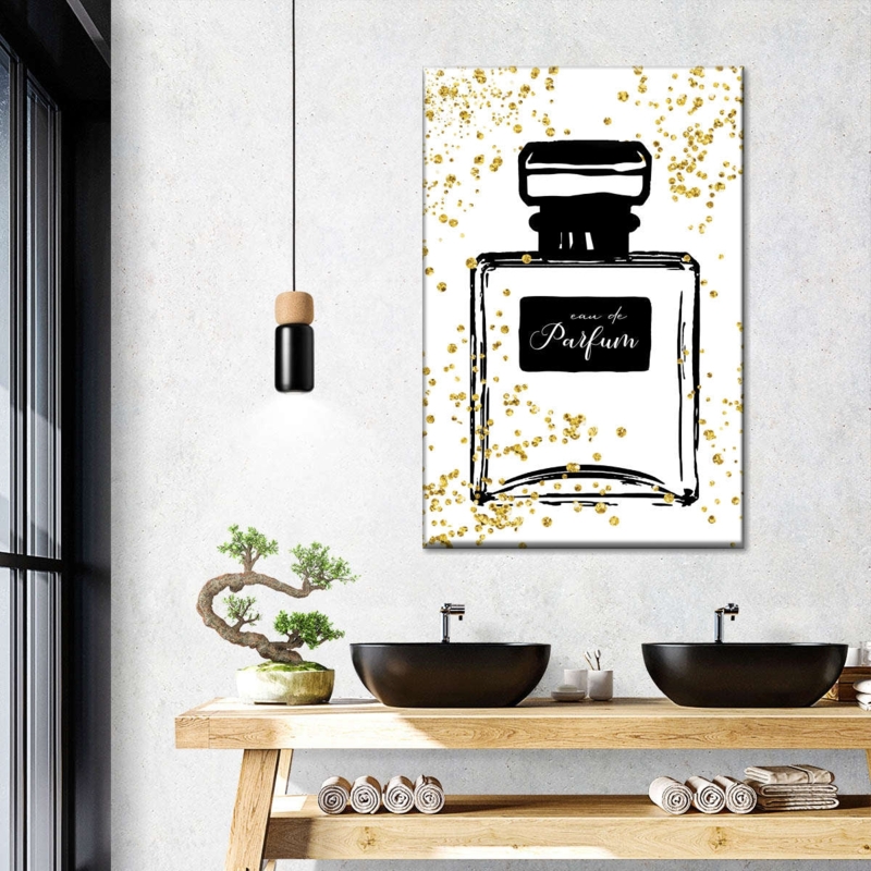 Wall Art: Perfume Bottle Art, Matte Black Vessel Sinks, Wood Vanity
