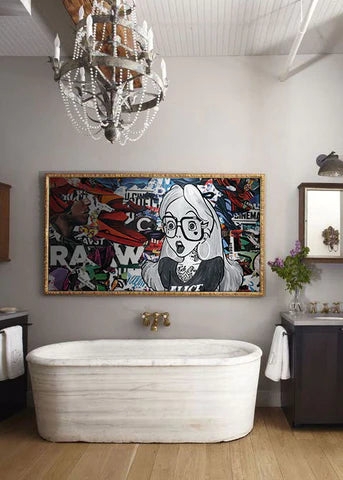 Wall Art: Pop Art Mural, Stone Freestanding Tub, Eclectic Bathroom Styling