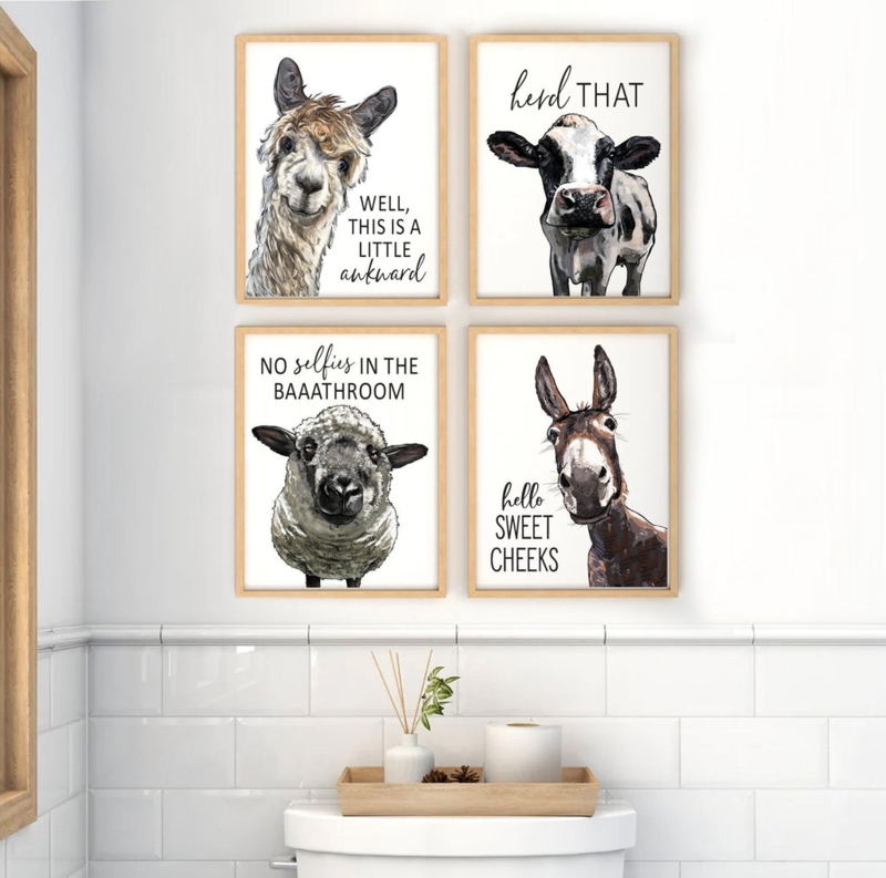 Wall Art Set: Animal Themed Puns, Rustic Farmhouse Bathroom Decor