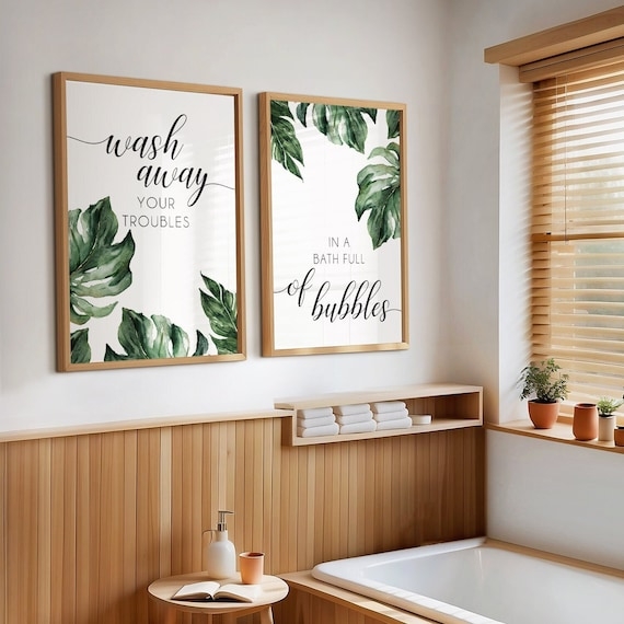 Wall Art Set: Botanical Typography Prints, Coastal Bathroom Decor