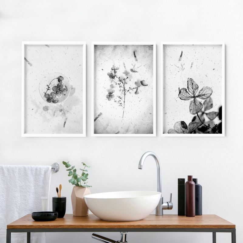 Wall Art Set: Monochrome Botanicals, Triptych Layout, Minimalist Vanity