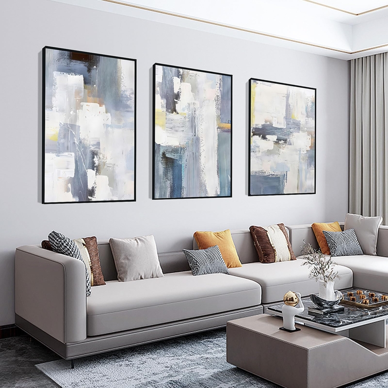 Wall Art Set of 3 Abstract Prints with Slate Blue Accents