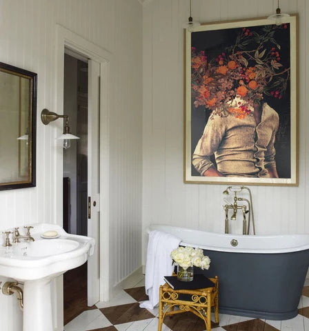 Wall Art: Surrealist Portrait Art, Charcoal Freestanding Tub, Checkered Flooring
