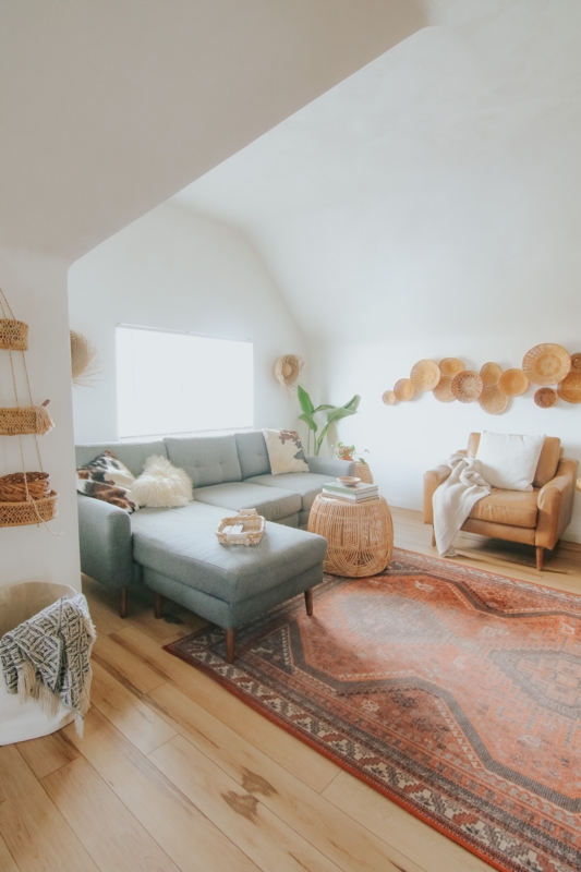 Wall Decor: Woven Basket Set in Boho Loft Living Room