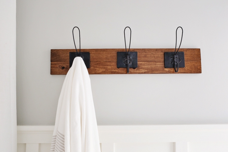 Wall Hook Rack Elongated Loop Hooks Dark Stained Wood Farmhouse