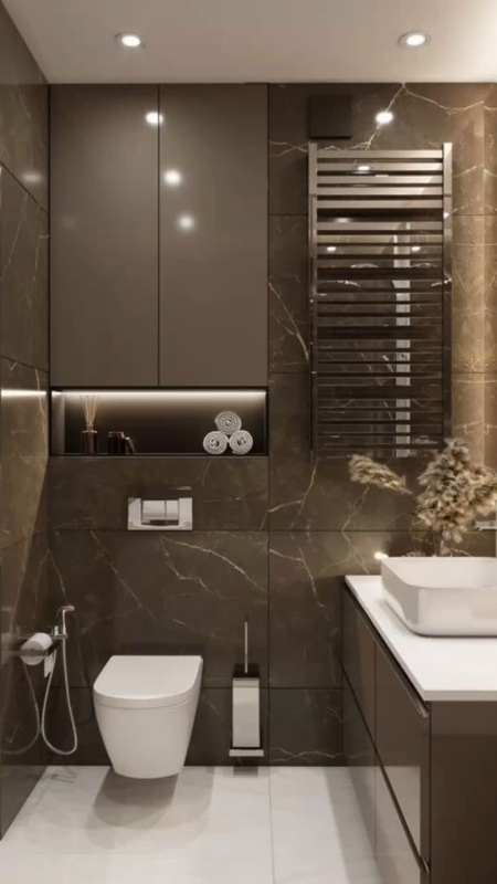 Wall Hung Toilet and Floating Vanity with Dark Marble Tile