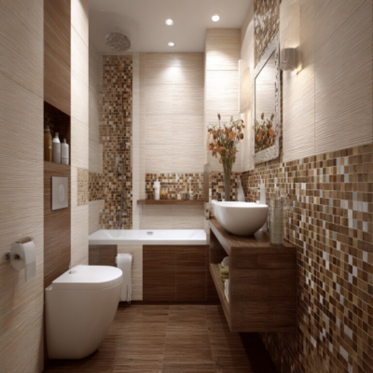 Wall Hung Toilet and Vessel Sink with Mosaic Accent Strip