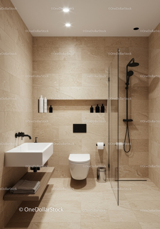 Wall-Hung Toilet with Matte Black Fixtures & Stone Tiles in Modern Wet Room
