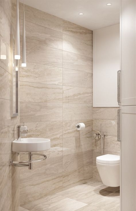 Wall-Hung Toilet with Slender Pendant Lights & Stone Tiles in Minimalist Bath