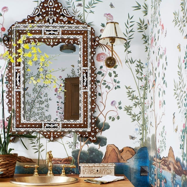 Wall Mirror: Bone Inlay Frame Design with Chinoiserie Wallpaper