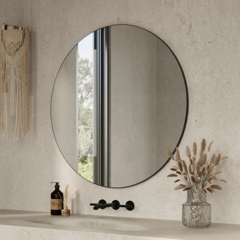 Wall Mirror, Minimalist Round Bathroom Mirror Matte Black Wall Faucet