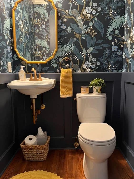Wall-Mount Sink with Peacock Wallpaper & Navy Wainscoting