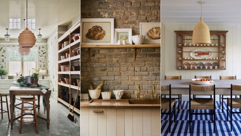 Wall Mounted Storage Plate Rack on Exposed Brick in Modern Rustic Kitchen