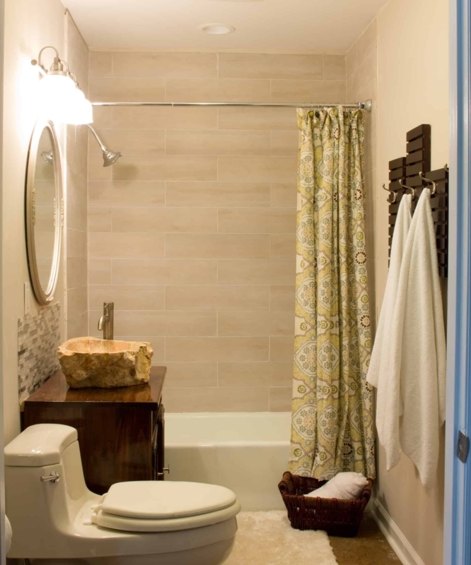 Wall Mounted Towel Rack Tiered Dark Wood Earthy Bathroom