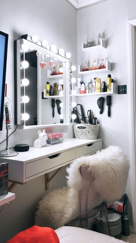 Wall Mounted Vanity Set with Hollywood Bulb Mirror and Shaggy Fur Throw