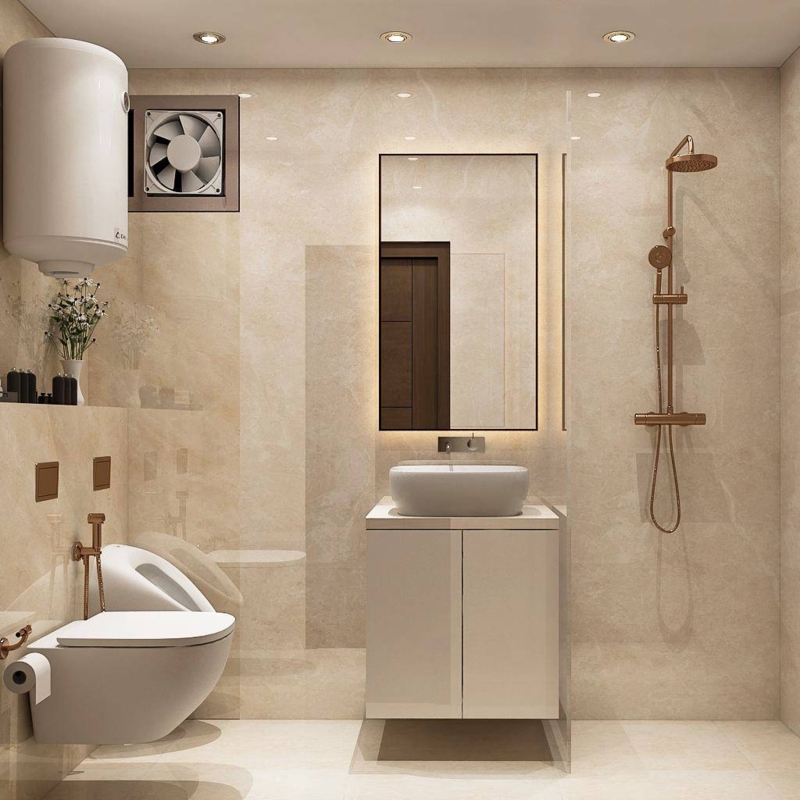 Wall-Mounted Vanity with Brushed Bronze Fixtures & Marble Tiles in Small Bath