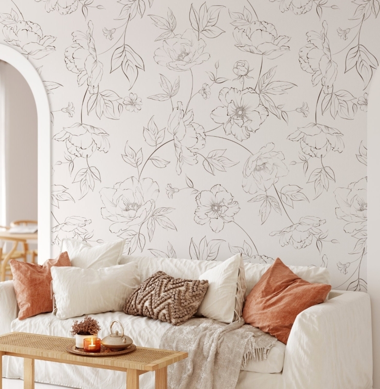 Wall Mural Line Art Floral Wallpaper in Minimalist Living Room