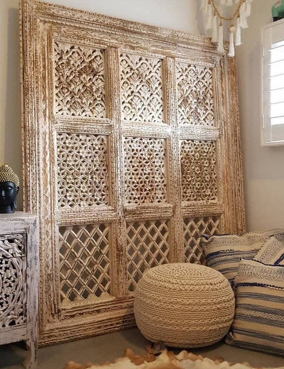 Wall Panel Hand Carved Jaali Fretwork Geometric Pattern Distressed Wood