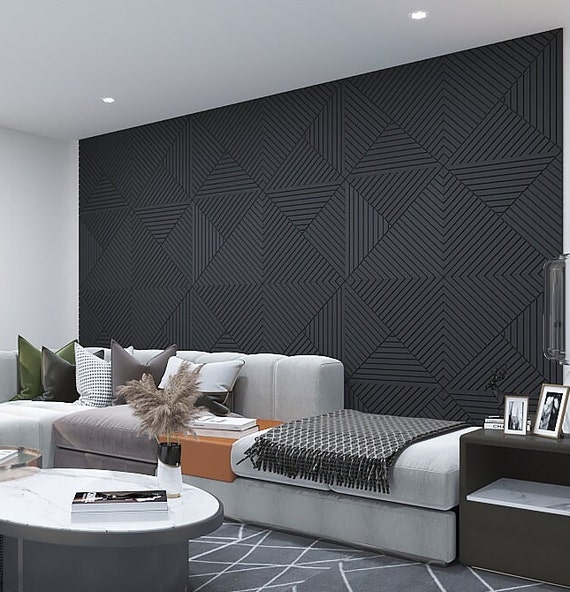 Wall Panel: Large Scale Matte Black Faceted Surface, Sculptural Decor