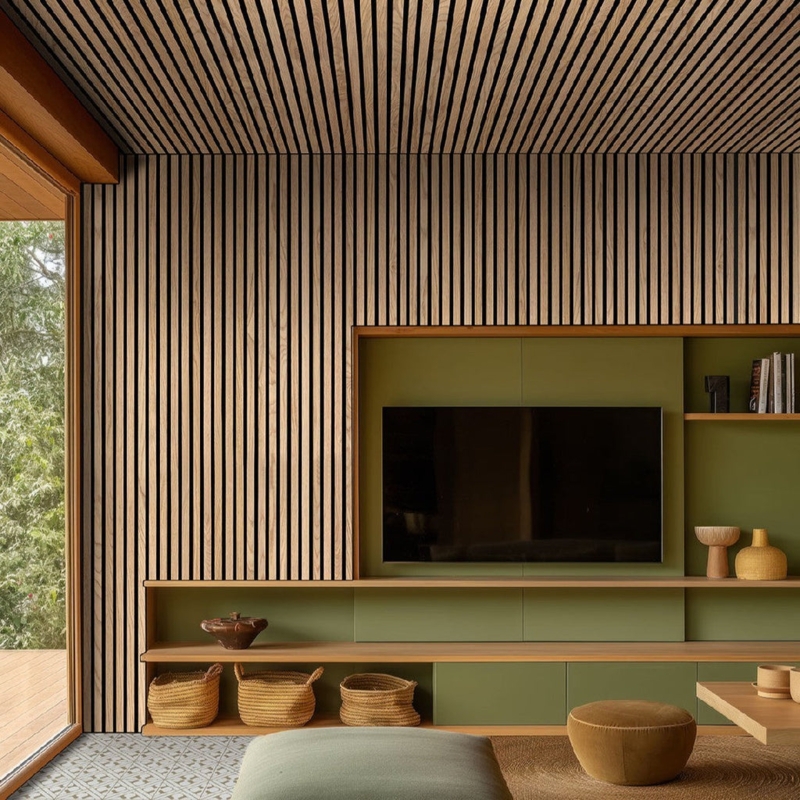 Wall Paneling Acoustic Wood Slats Floor To Ceiling Natural Tone