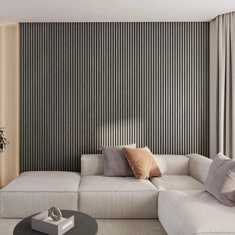 Wall Paneling Grey Oak Finish Acoustic Slat Design Japandi Style