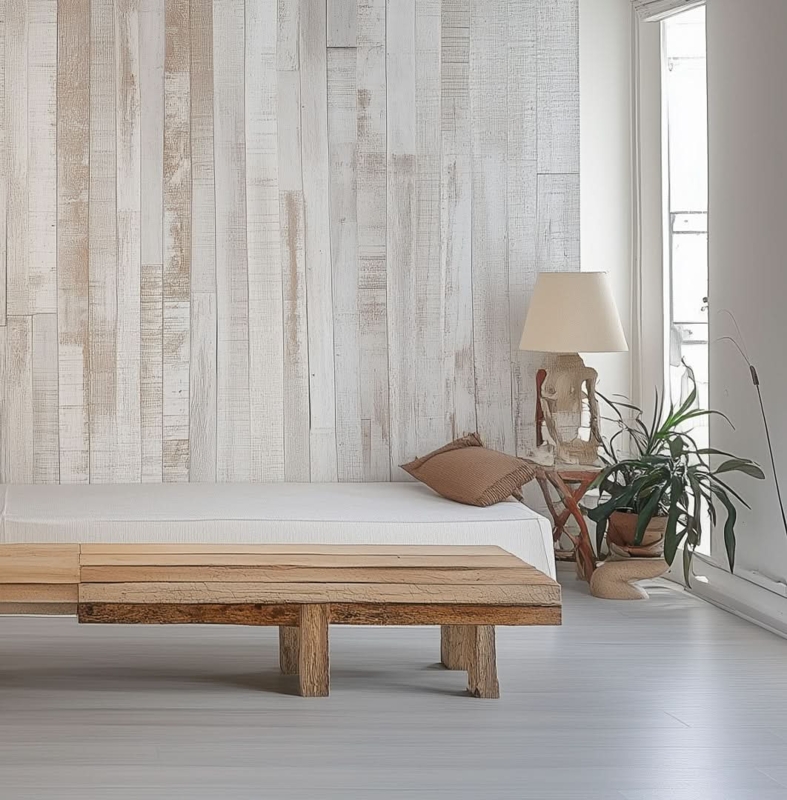 Wall Paneling Interlocking Design Whitewashed Reclaimed Wood Dining Area