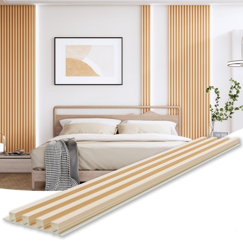 Wall Paneling: Oak Toned Vertical Slats, Ribbed Surface, Backlit Accent
