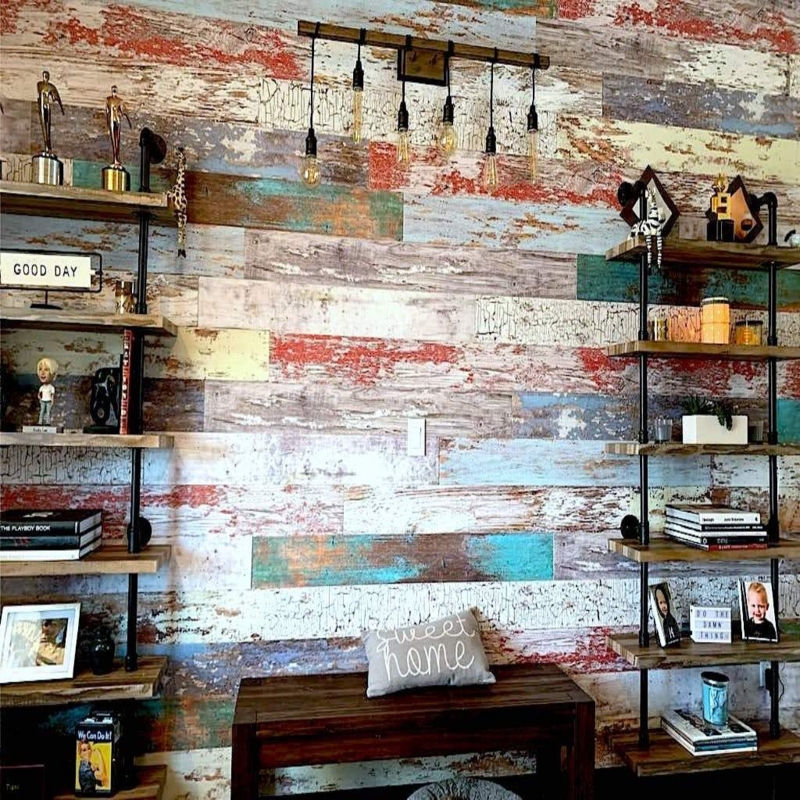 Wall Paneling Peel and Stick Multi Tonal Brown Staggered Planks Bedroom
