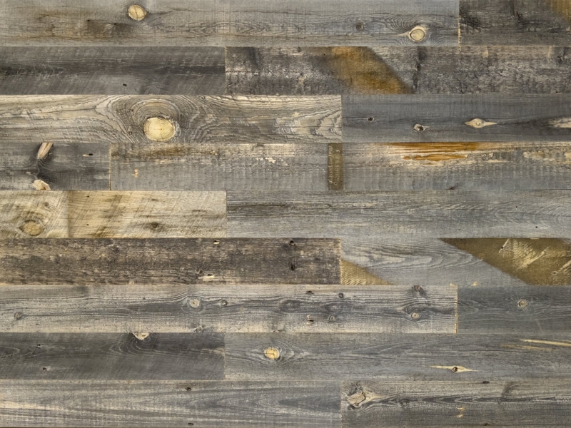 Wall Paneling: Reclaimed Wood Planks in Laramie Finish with Nail Holes