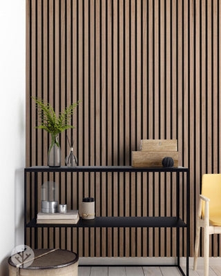 Wall Paneling Walnut Finish Acoustic Backing Vertical Slats Scandi