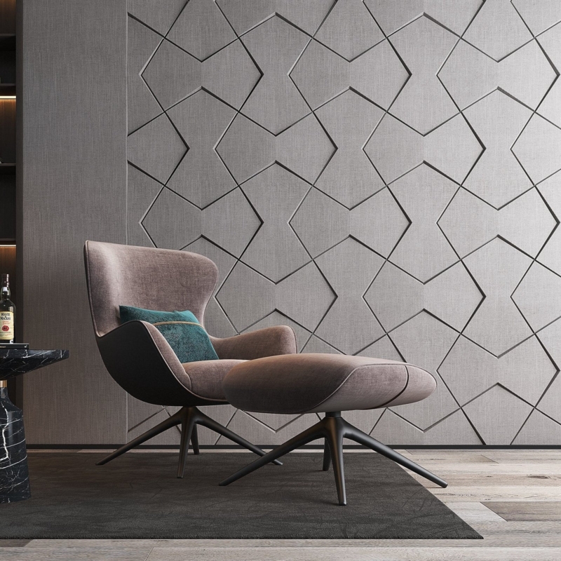 Wall Paneling: Wood Toned Slatted Panels, Integrated Lighting, Moody Design